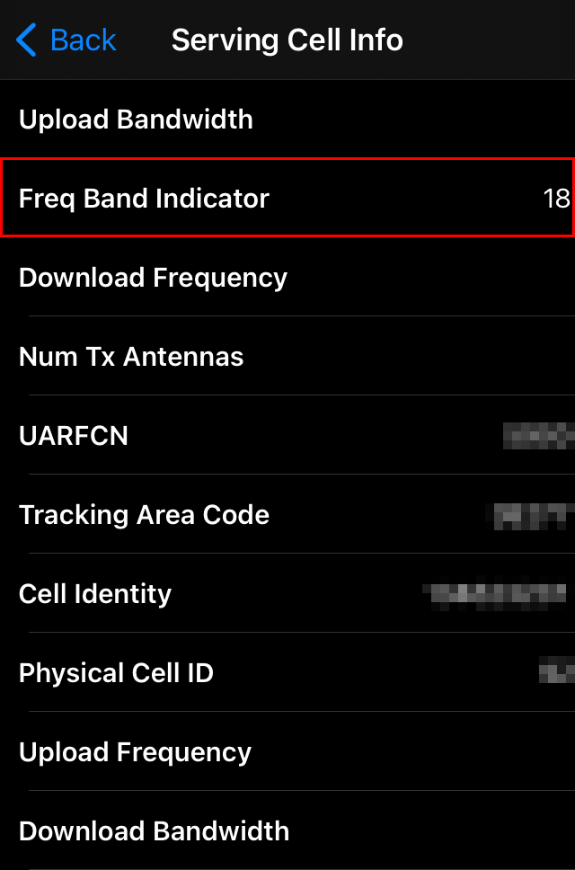 Field Test 内の Serving Cell Info で楽天モバイルのバンド18を確認