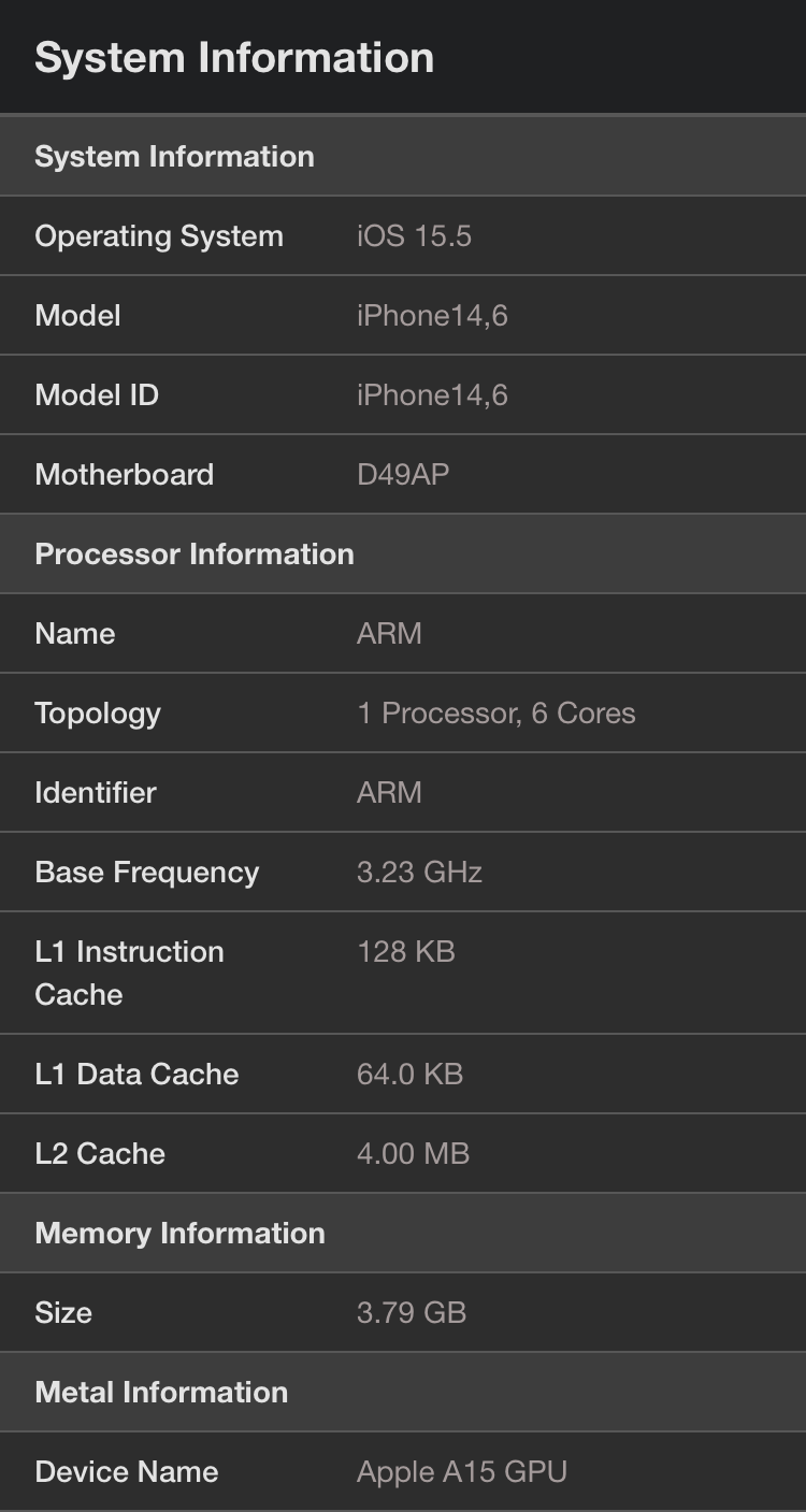 Geekbench 5によるiPhone SE（第3世代）のベンチマーク結果（システム情報）